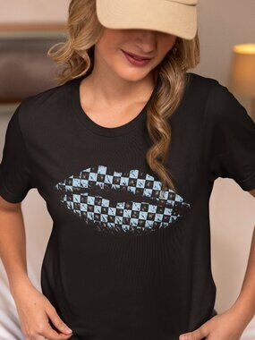 Checkered Lips T-Shirt – Distressed Graphic Tee with Transparent Knockout Blue